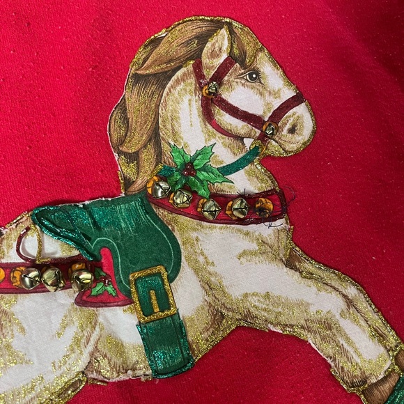 Handmade holiday rocking horse outlined with 90’s puff paint red sweatshirt. - Picture 6 of 6